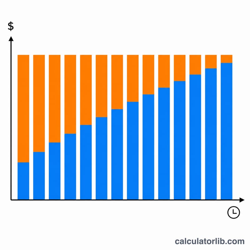 Stacked bar chart of equal payments split into shrinking interest and growing principal
