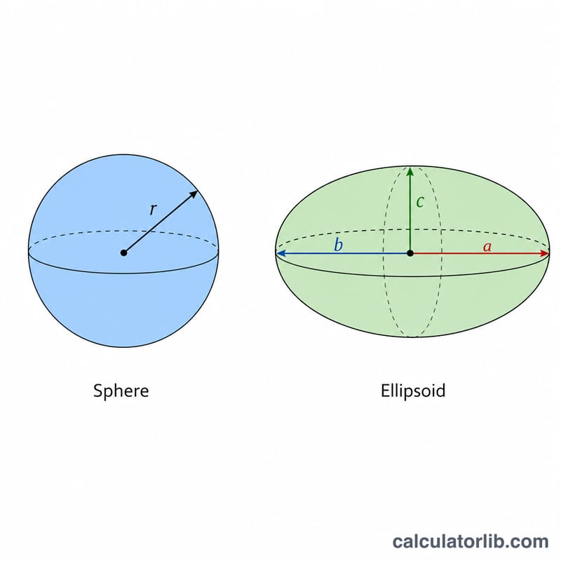 Side-by-side comparison of a sphere with radius r and an ellipsoid with semi-axes a, b, c