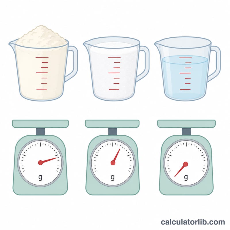 One cup of flour, sugar and water weighing different amounts on three scales