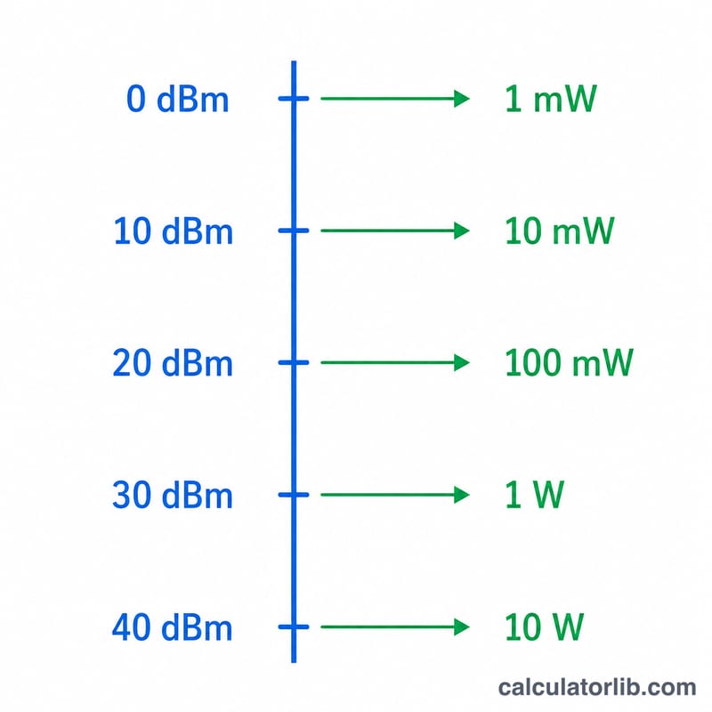 Reference scale comparing dBm values to their watt equivalents