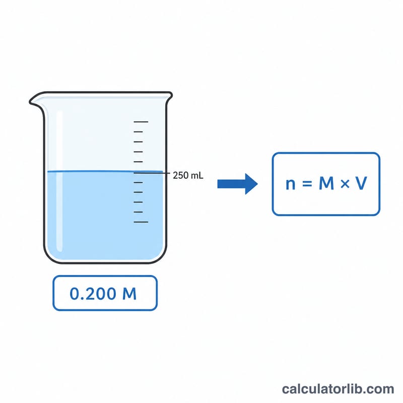 Worked example showing molarity times volume giving moles of solute