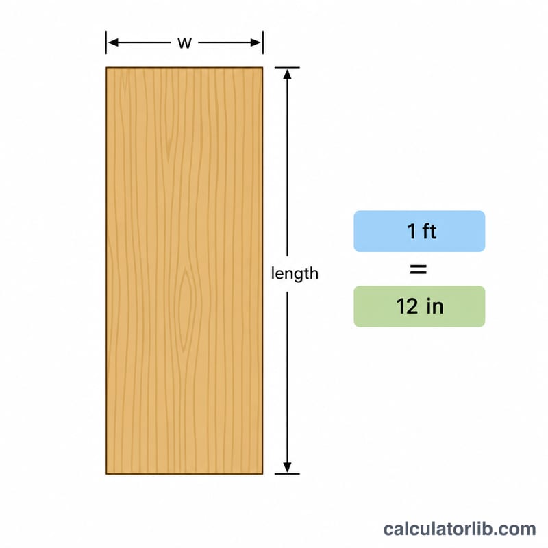 Single board with width and length dimensions and a feet-to-inches conversion icon