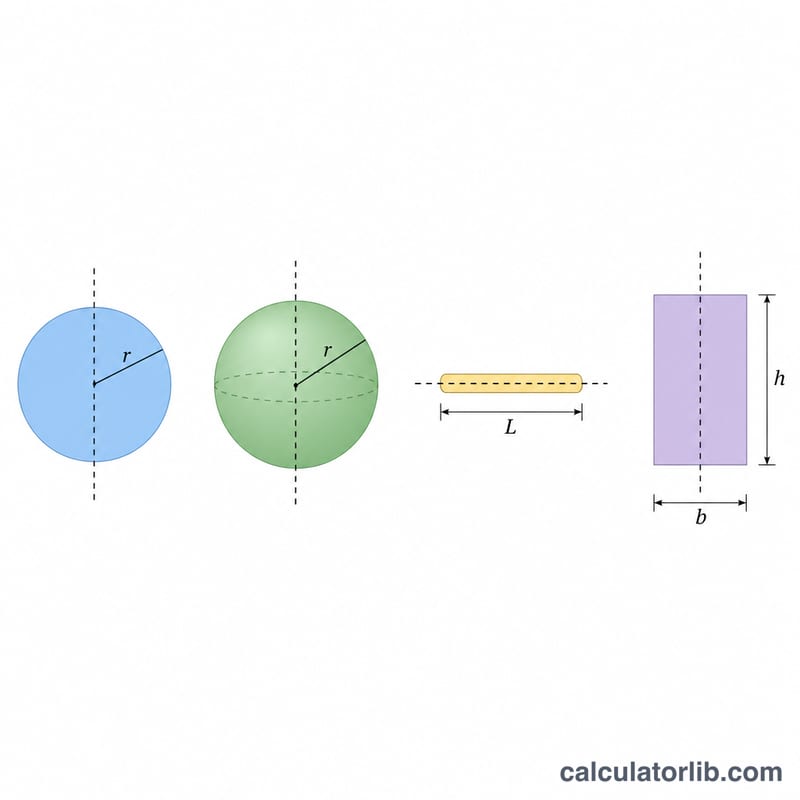 Four shapes with their rotation axes: solid disk, solid sphere, thin rod, and rectangle