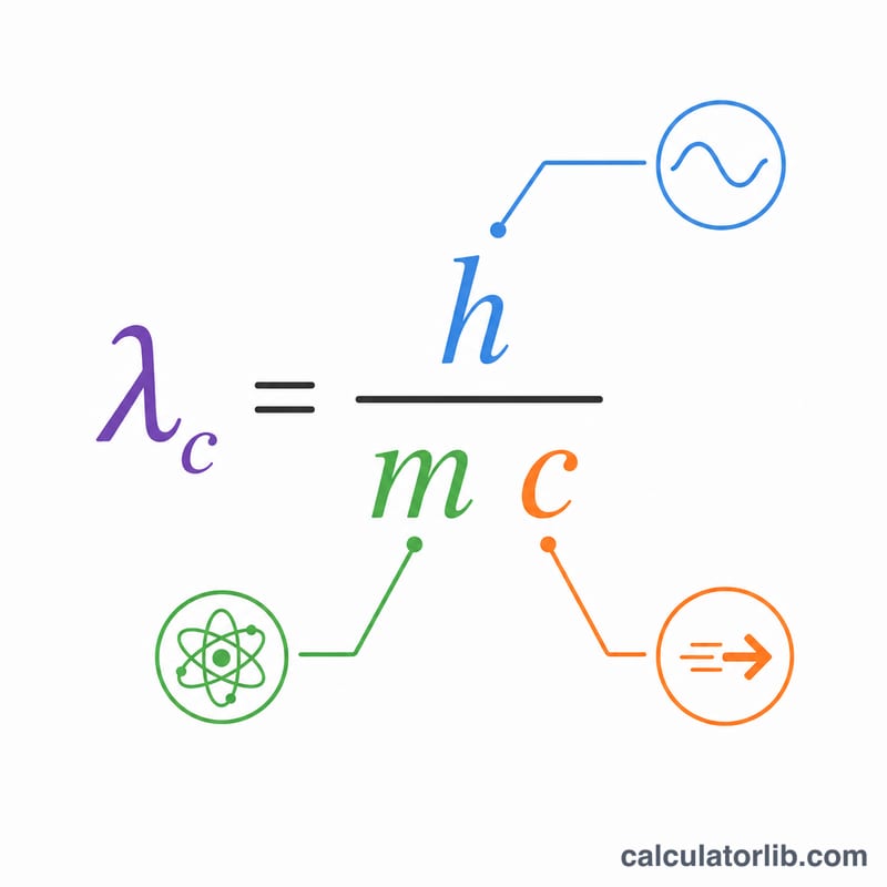 Flat diagram of the Compton wavelength formula showing lambda equals h over m times c with each symbol labeled