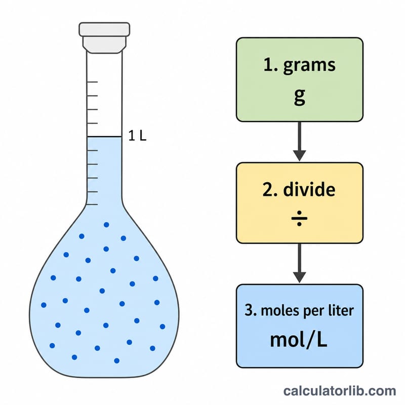 Visual breakdown of grams of solute dissolved in one liter to show molarity calculation