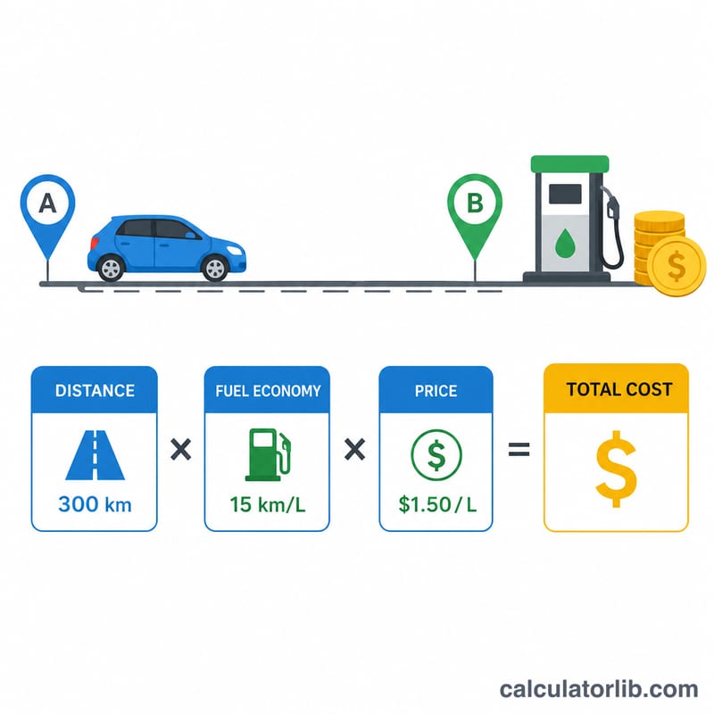 Worked example showing a trip from A to B with fuel used and total cost tiles
