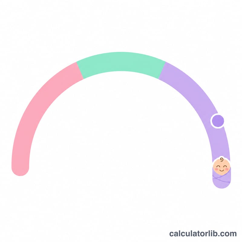 Pregnancy progress arc divided into three trimesters with a marker near the end
