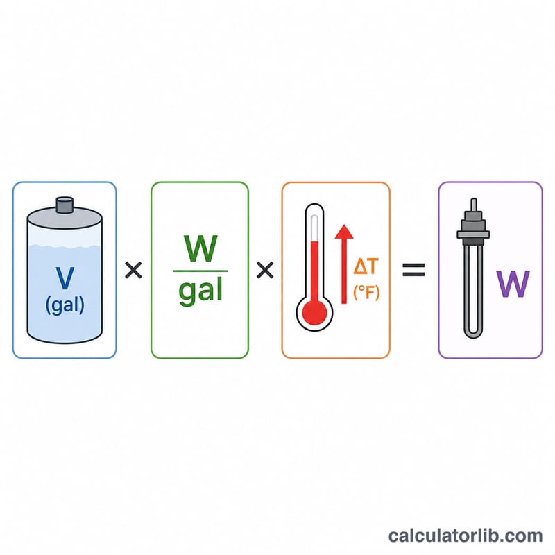 Sơ đồ thể hiện gallon nhân watt mỗi gallon nhân mức tăng nhiệt độ bằng watt máy sưởi