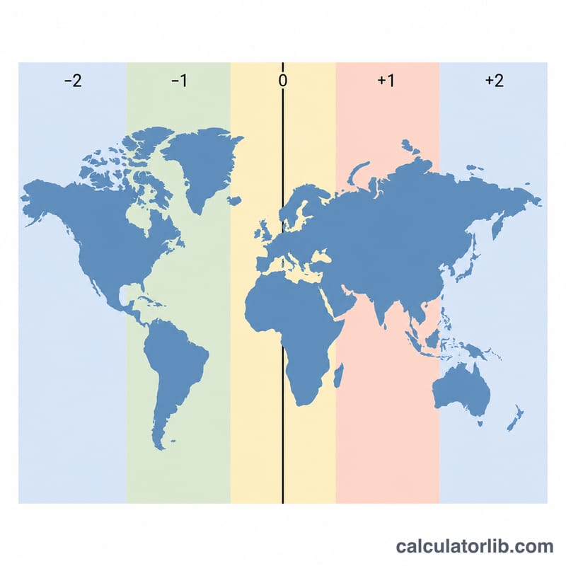 World map split into vertical time zone bands centered on a zero meridian
