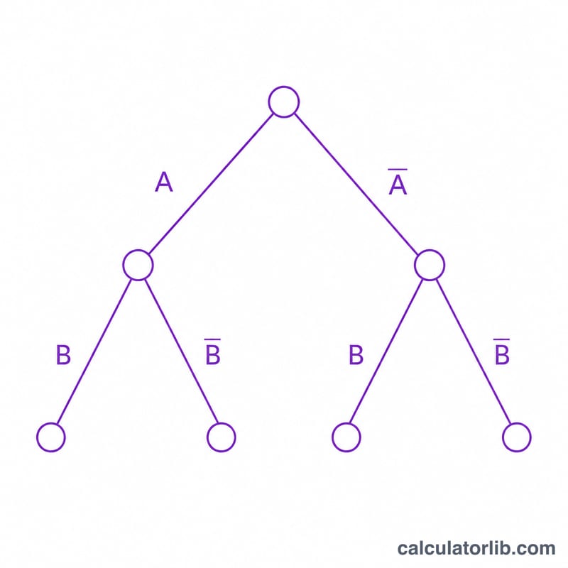 Probability tree diagram branching into A and not-A, each splitting into B and not-B with four outcome leaves