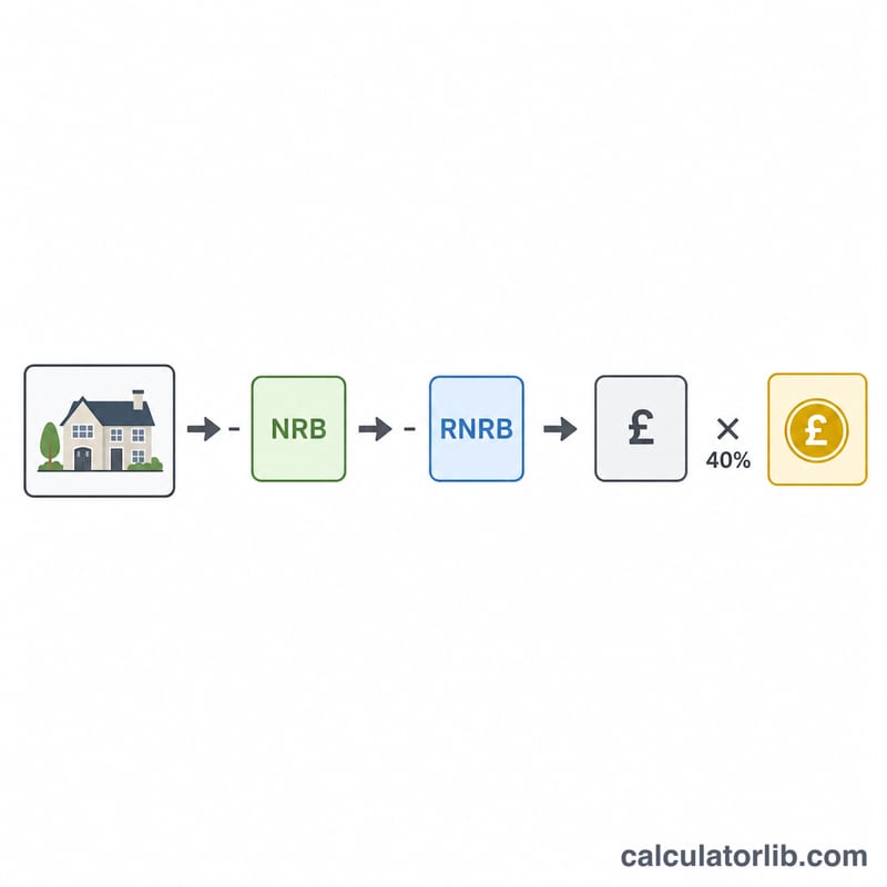 Flow diagram from total estate, subtracting two allowance bands, leaving a taxable amount multiplied by 40 percent to give inheritance tax due