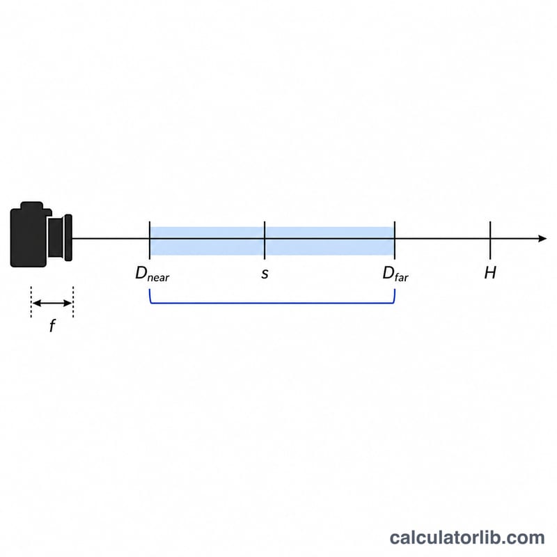Diagram of near limit, subject distance, far limit and hyperfocal distance along a depth axis