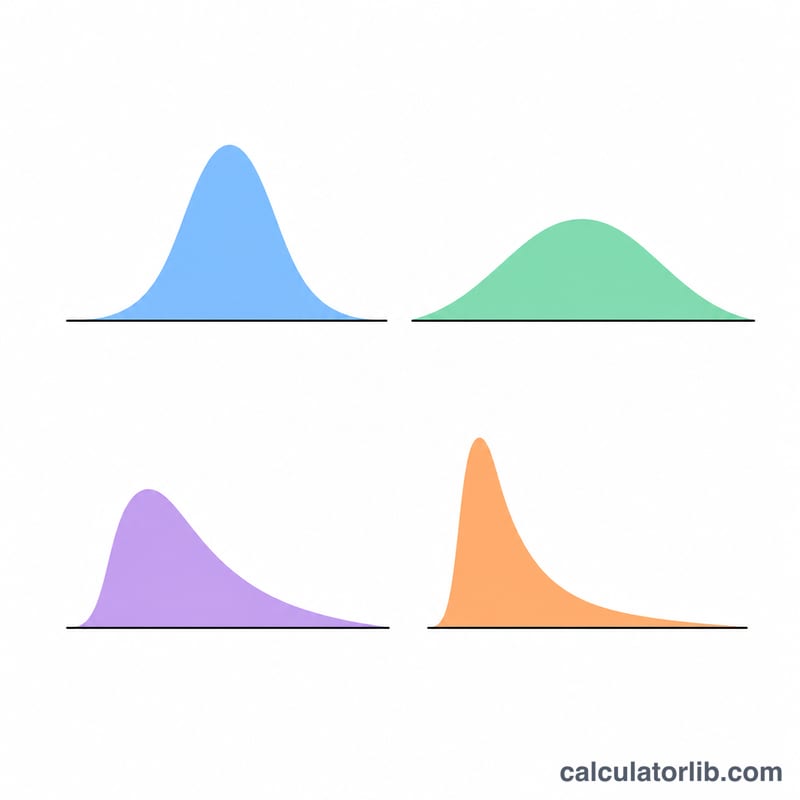 Comparison of four distribution curve shapes: normal, t, chi-square, and F