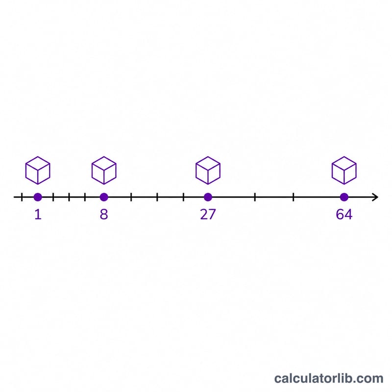 Number line marking perfect cubes 1, 8, 27, 64 with growing gaps