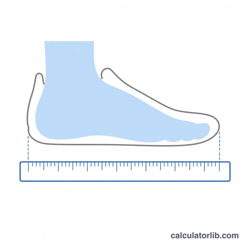 Flat illustration of a foot inside a shoe outline with a ruler measuring length