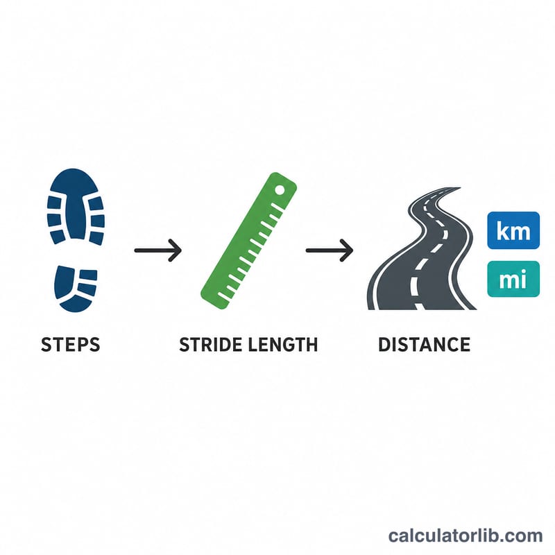 Flow from number of steps through stride length to total distance in kilometers and miles