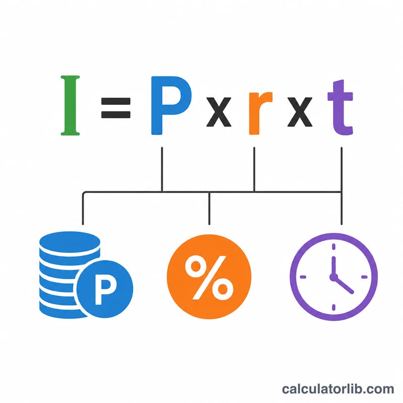 Formula breakdown of I equals P times r times t with each variable labeled by an icon