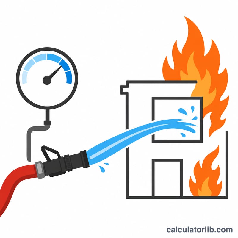 Fire hose delivering water to a partly involved building with a flow rate gauge