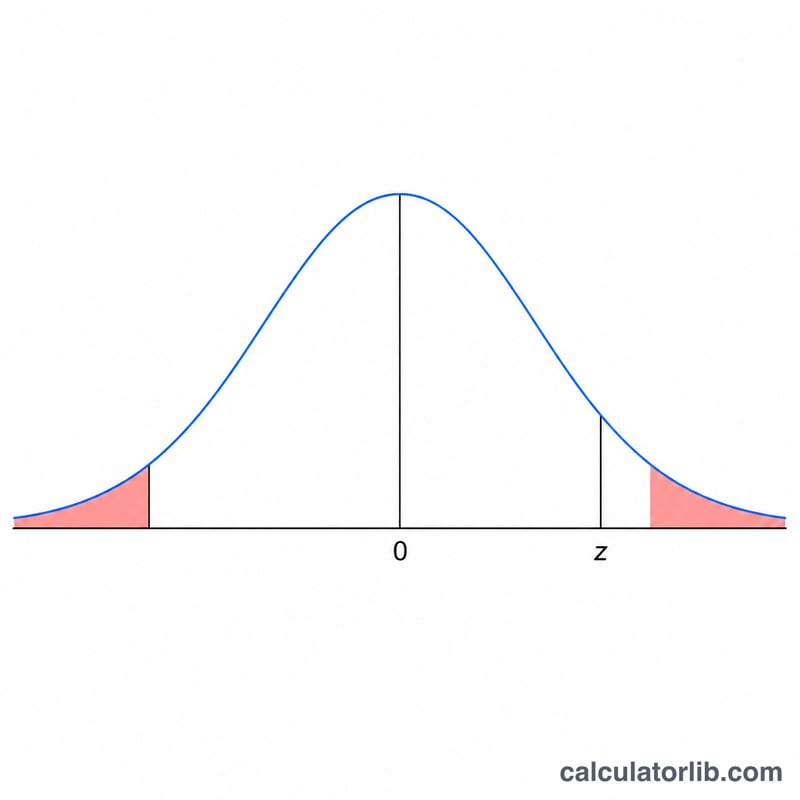 Normal distribution curve with z-score marked and shaded p-value tail areas
