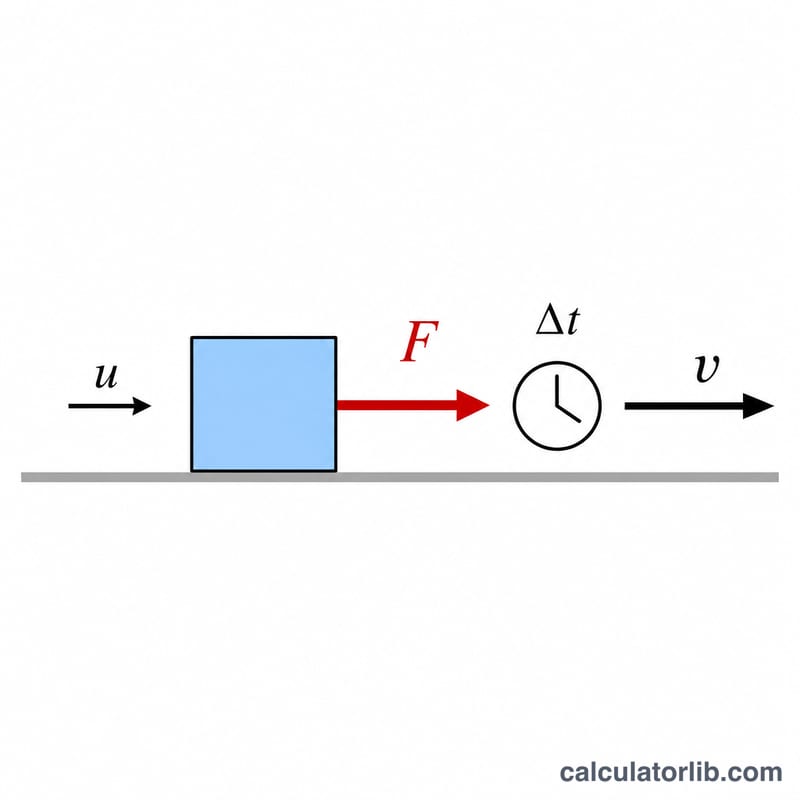 Diagram of a force pushing an object over time interval changing its velocity from u to v