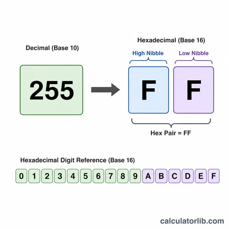 Decimal 255 converting to the two-digit hex pair FF with a 0-F digit reference