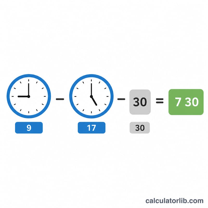 Example time card with start time, end time, break, and resulting hours