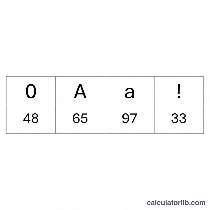 Sample characters with their decimal ASCII codes: 0=48, A=65, a=97, !=33