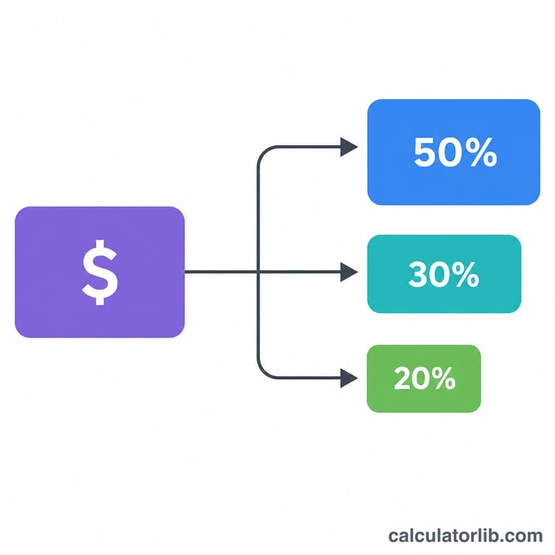 Income flowing into three budget categories of 50, 30 and 20 percent