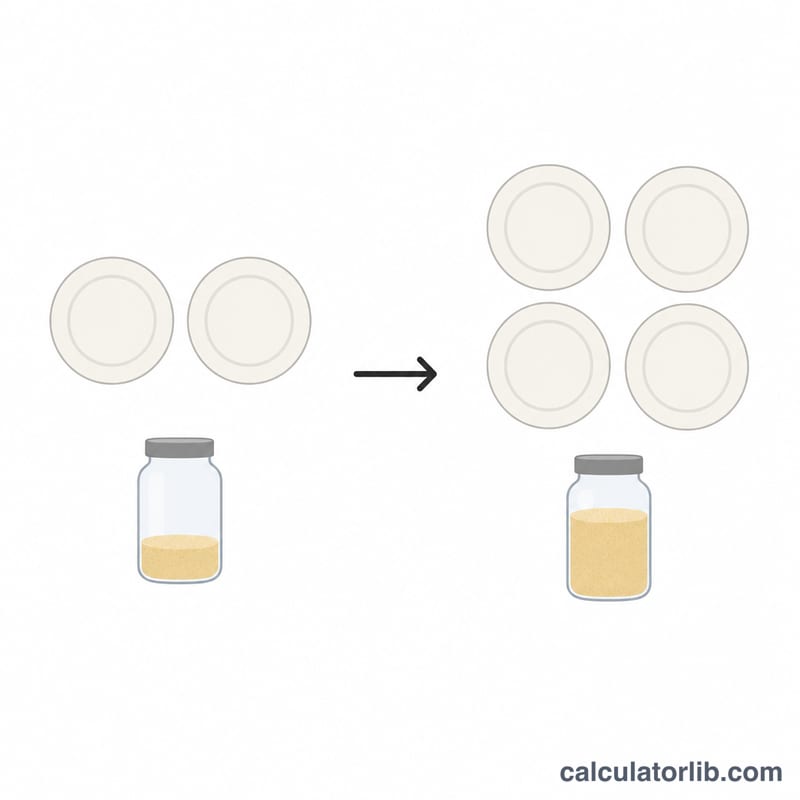 Two plates showing servings doubling from 2 to 4 with ingredient amount doubling