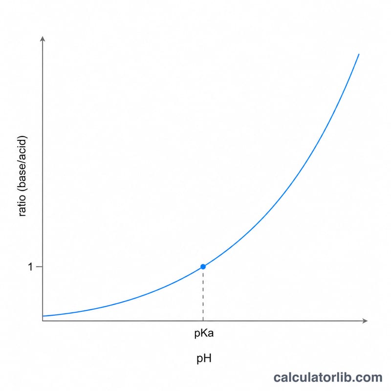 Exponential curve of base-to-acid ratio versus pH crossing 1 at pKa