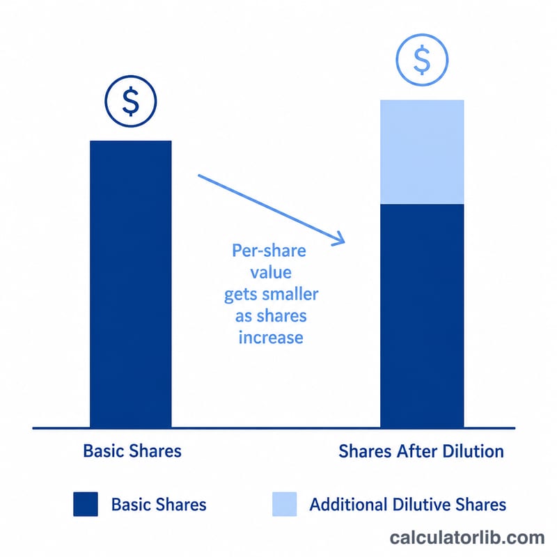 Comparison of basic share count versus larger diluted share count lowering per-share value