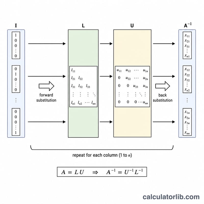 Diagramme de flux montrant des colonnes identité résolues par substitution avant et arrière pour construire la matrice inverse