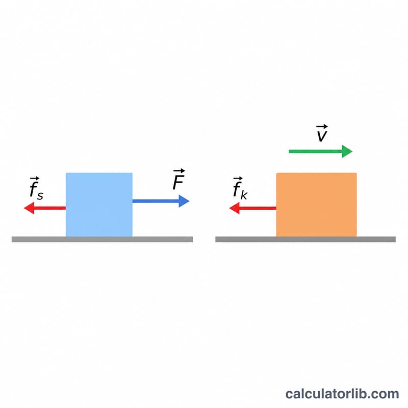 Side by side comparison of static friction on a stationary block and kinetic friction on a moving block