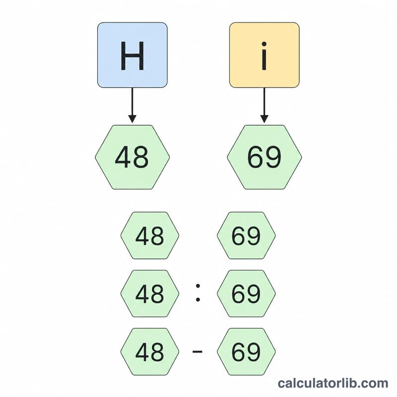 The word Hi shown as two characters converted to hex bytes joined by separators
