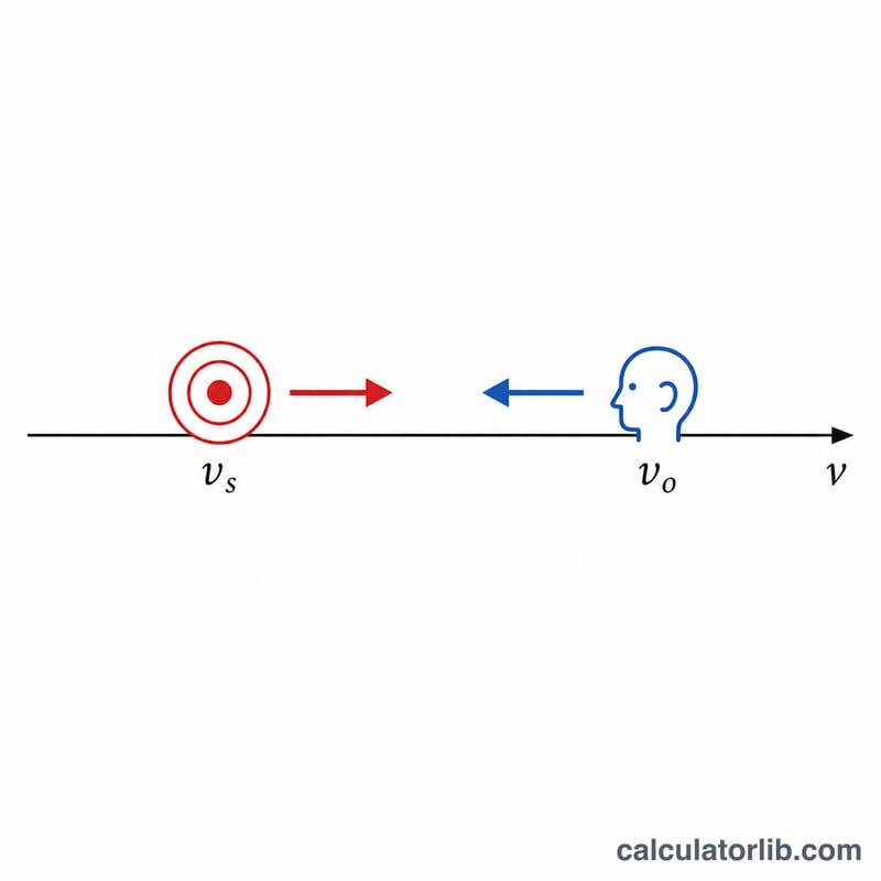 Diagram showing positive direction convention for source and observer velocities in the Doppler formula