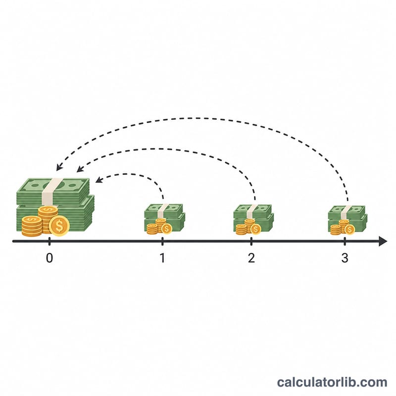 Timeline showing future payments discounted back to a present-value lump sum