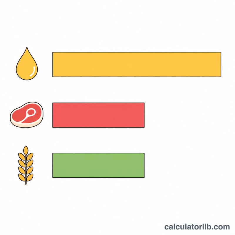 Three horizontal bars showing calories per gram for fat, protein and carbohydrate