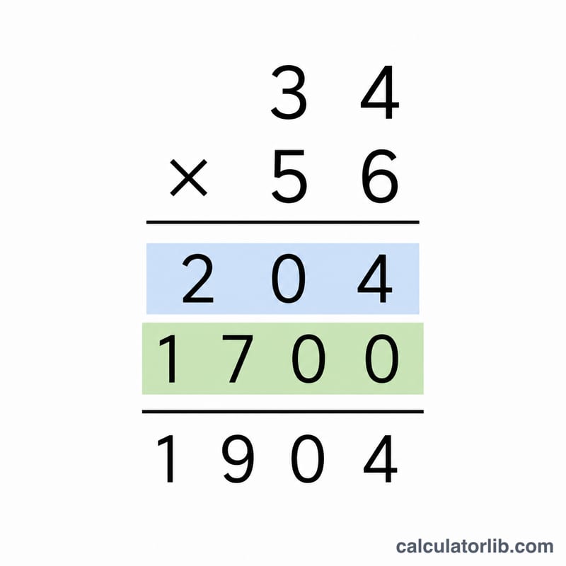 Vertical long multiplication of two two-digit numbers with partial products