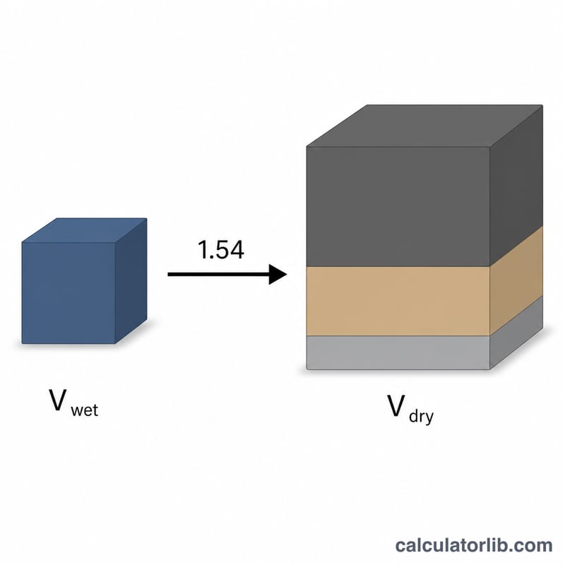 Diagram showing wet concrete volume expanding to a larger dry volume via the 1.54 factor