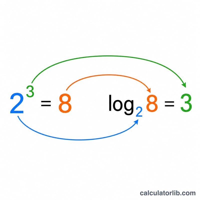 Worked example converting 2 to the power 3 equals 8 into log base 2 of 8 equals 3