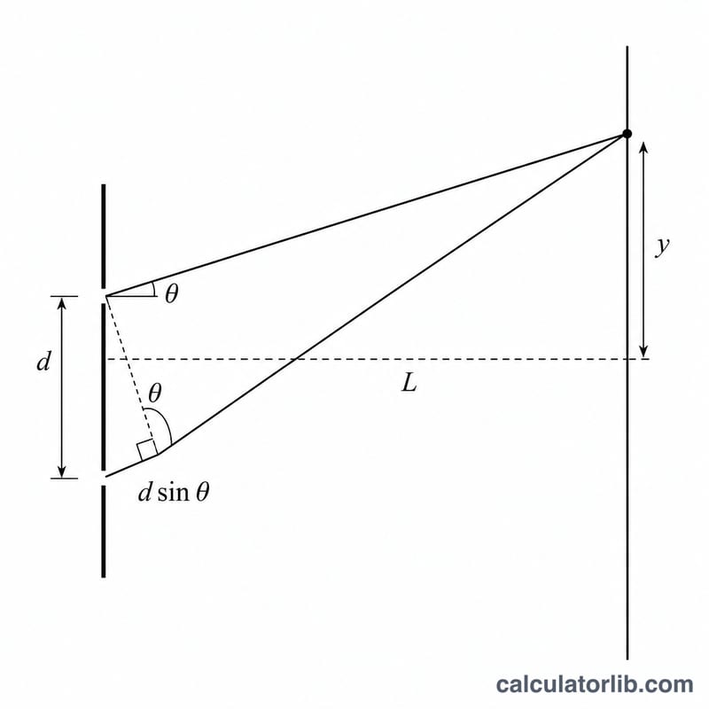 Geometric diagram showing two slits, the path difference d sin theta between rays, the angle theta, screen distance L and fringe height y