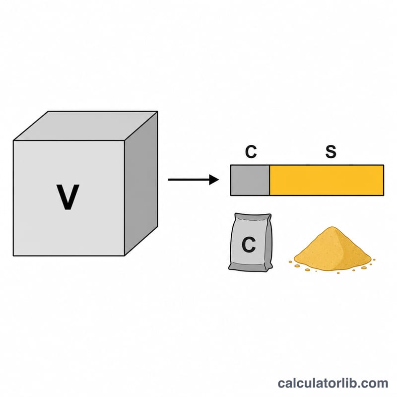 Pie split of mortar dry volume into cement and sand portions by ratio