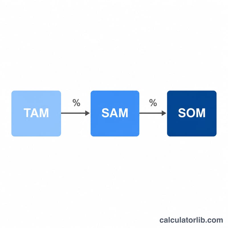 Flow diagram showing TAM multiplied by serviceable percent gives SAM, then by obtainable percent gives SOM