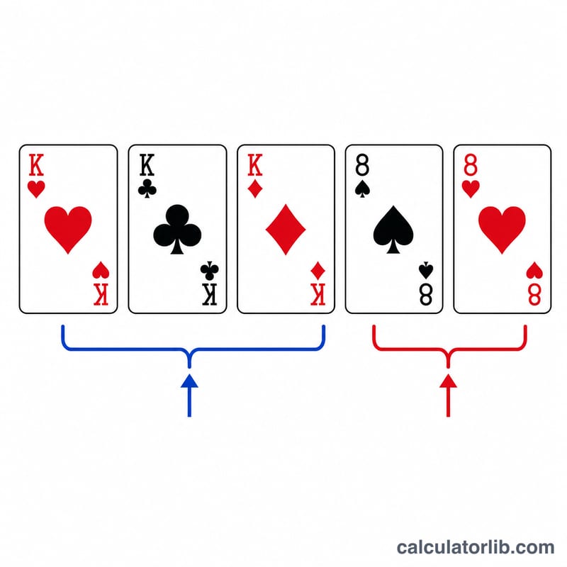 Five cards forming a full house with the triple and pair grouped