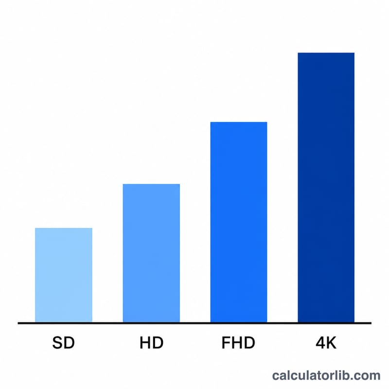 長條圖比較 SD、HD、Full HD 與 4K 各畫質等級每小時的資料用量