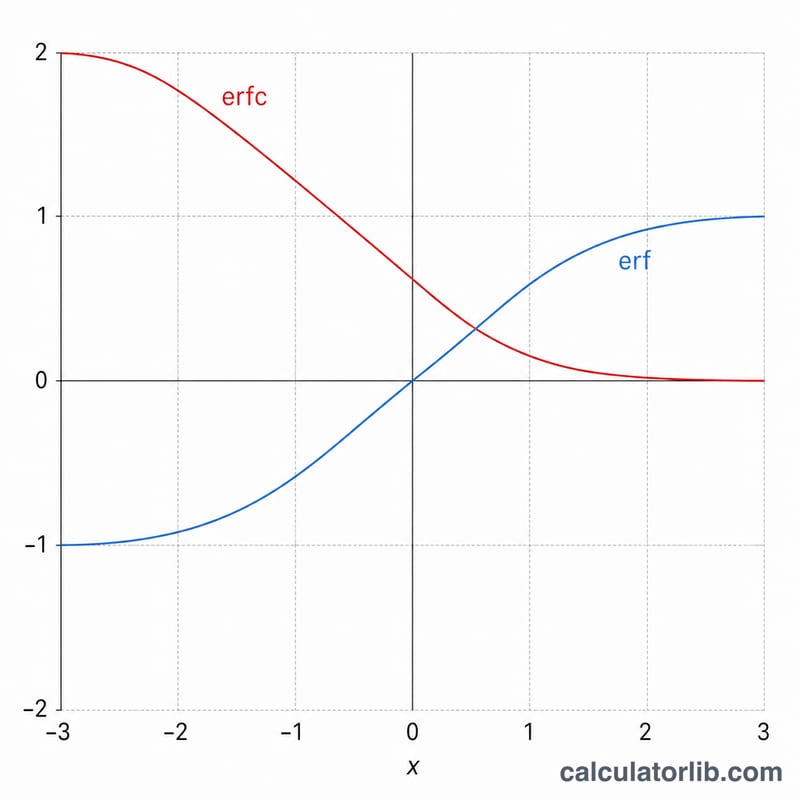 Two S-shaped curves showing erf rising from -1 to 1 and erfc falling from 2 to 0