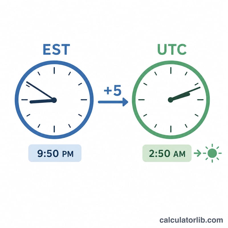 Two clocks showing an EST evening time converting to a next-day UTC time