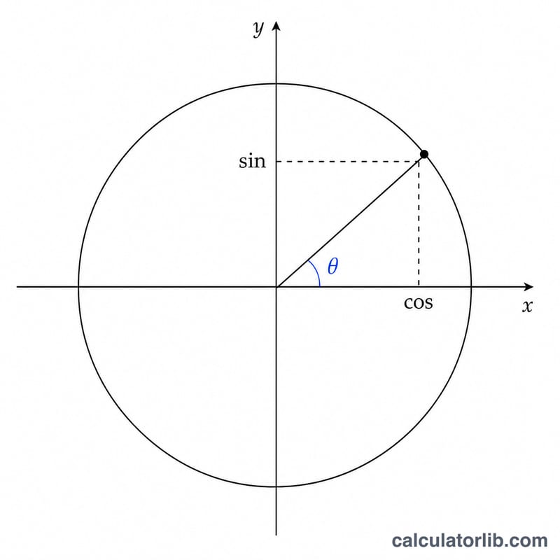 Unit circle with angle theta, showing cosine on the x-axis and sine on the y-axis