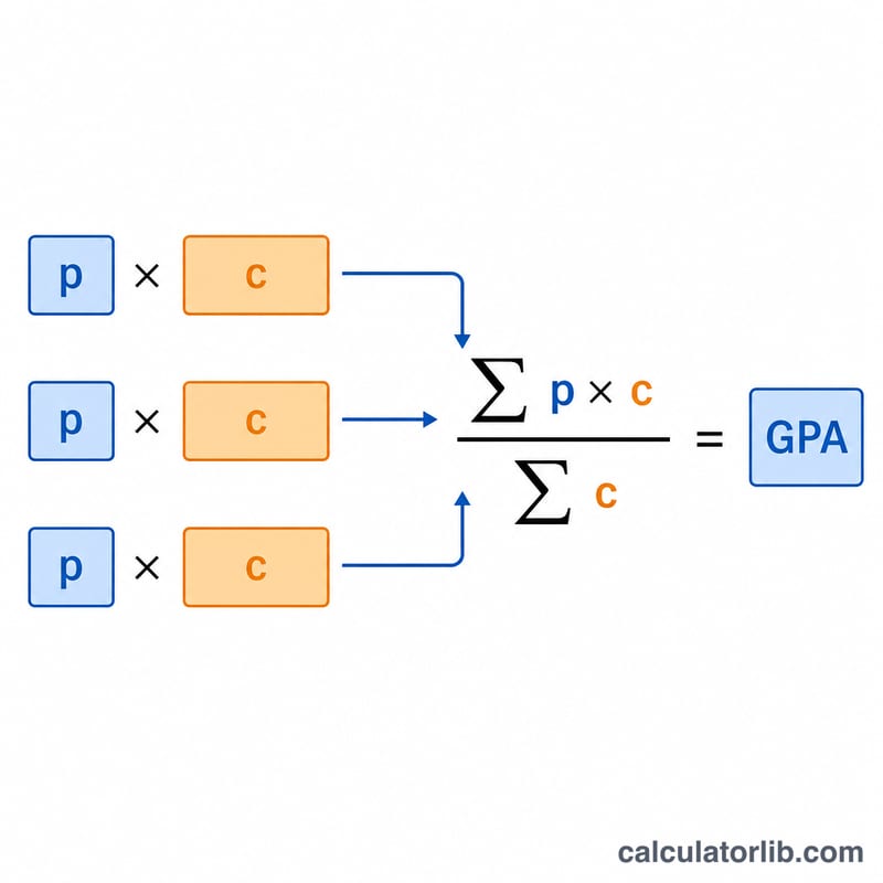 Diagram showing each grade's points multiplied by credits, summed and divided by total credits