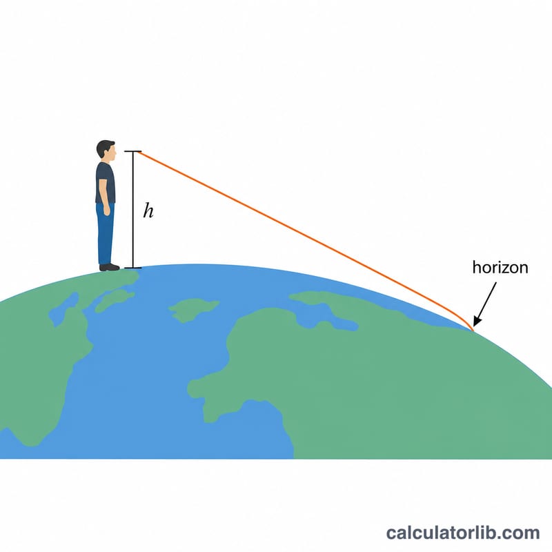 Illustration of eye height h and the line of sight reaching the horizon on a curved Earth